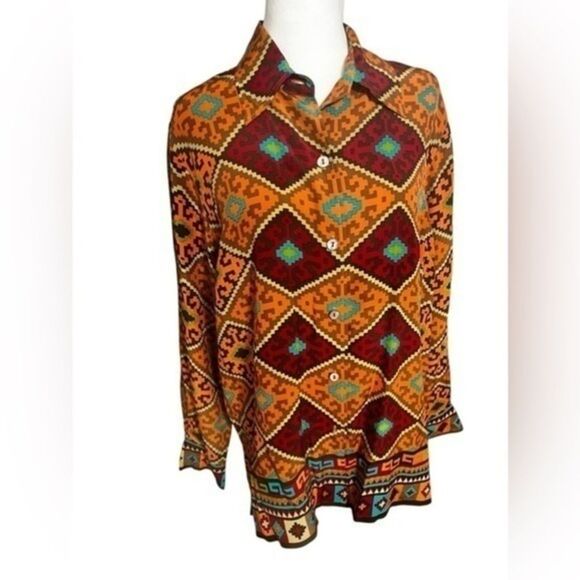 Linea Louis Dell O'lio Southwest Western Silk Blouse Art orange red large - Picture 1 of 11